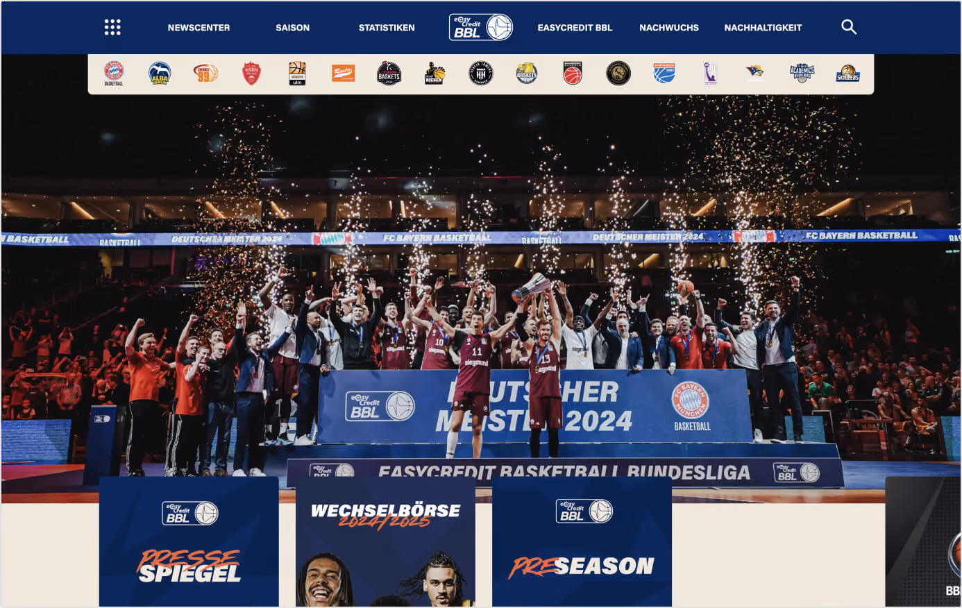 Basketballteam FC Bayern München feiert den Gewinn der Deutschen Meisterschaft 2024 mit Pokal und Konfetti.