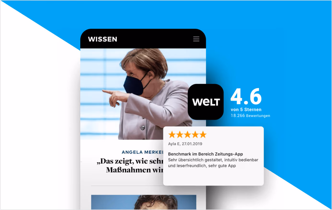 Smartphone zeigt Bild von Angela Merkel mit Maske, Bewertungsübersicht 4,6 von 5 Sternen für WELT App.