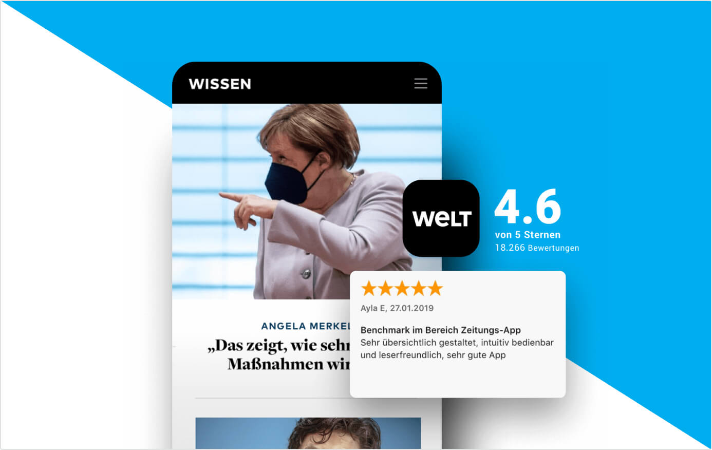 Smartphone zeigt Bild von Angela Merkel mit Maske, Bewertungsübersicht 4,6 von 5 Sternen für WELT App.