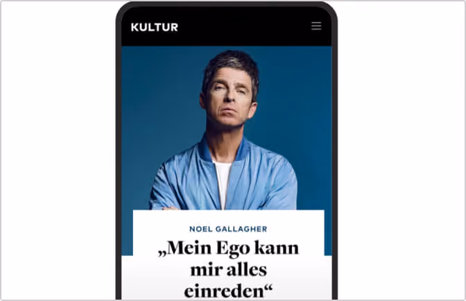 Mobile Kulturansicht mit Artikel über Noel Gallagher.