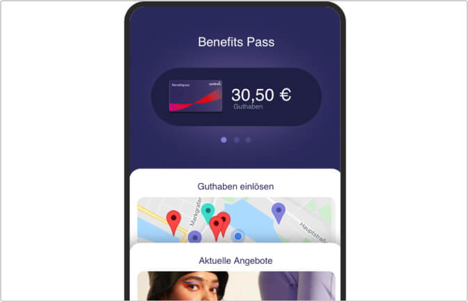 Smartphonebildschirm zeigt Benefits Pass mit 30,50 Euro Guthaben und Karten mit Angeboten.