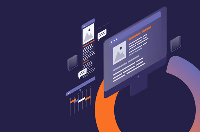 Grafik einer Computermonitor-Ansicht mit Text, Chatblasen und Diagrammen auf dunklem Hintergrund.