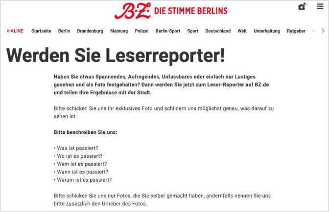 Screenshot of BZ Berlin website inviting readers to become reporters by submitting exciting photos and stories.