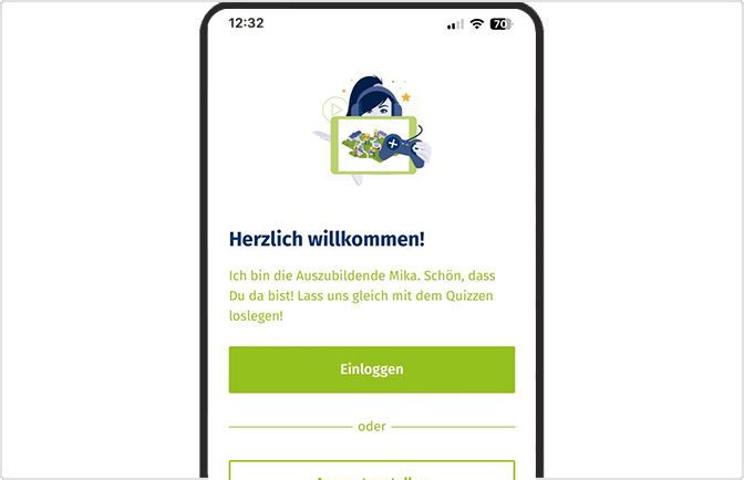 Smartphone zeigt Willkommensbildschirm mit Begrüßung und grünem Einloggen-Button.