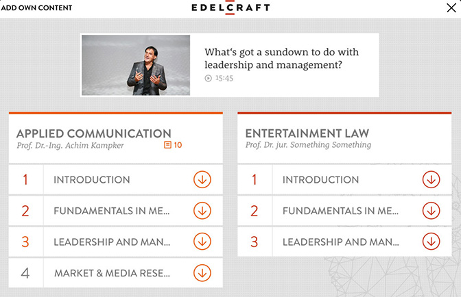 Online course interface showing Applied Communication and Entertainment Law modules with downloadable lessons.