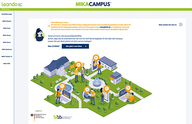 Illustration eines Campus mit Personen, Gebäuden und Informationspunkten, die Lernressourcen symbolisieren.