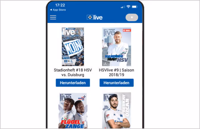 Smartphonebildschirm zeigt HSV Fußballmagazine mit Download-Buttons in einer App.