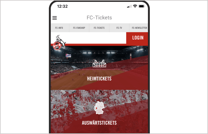 Smartphone screen showing FC Köln ticket options: Heimtickets and Auswärtstickets with club logo.