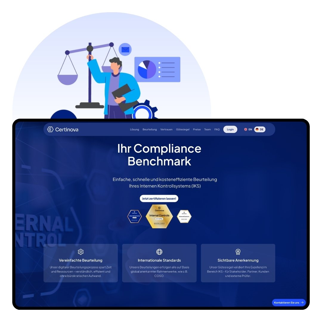 Illustration einer Person mit Waage und Grafiken über Screenshot einer Website für Compliance Benchmark Zertifizierung.
