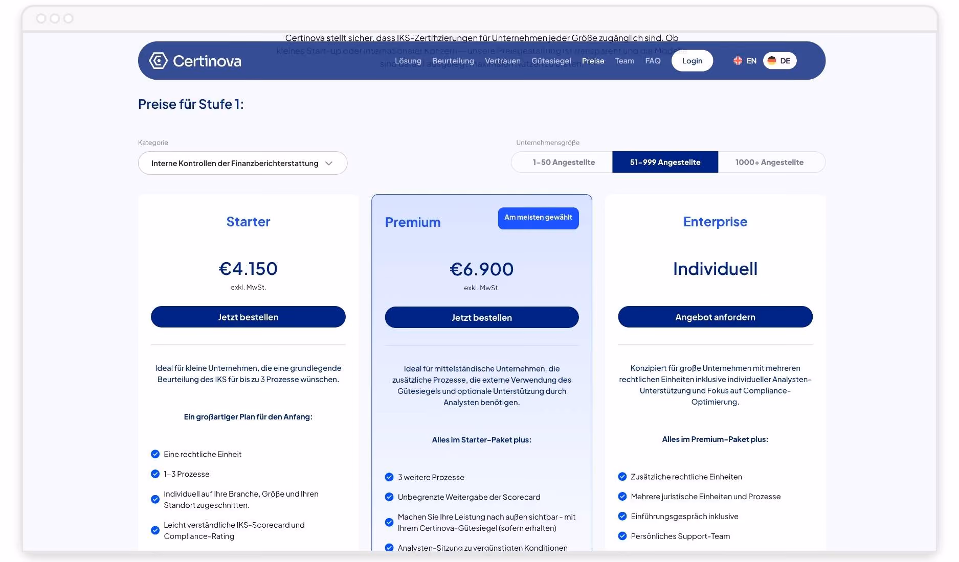 Preisübersicht für interne Finanzkontrollen mit Starter-, Premium- und Enterprise-Paketen für 51-999 Angestellte.