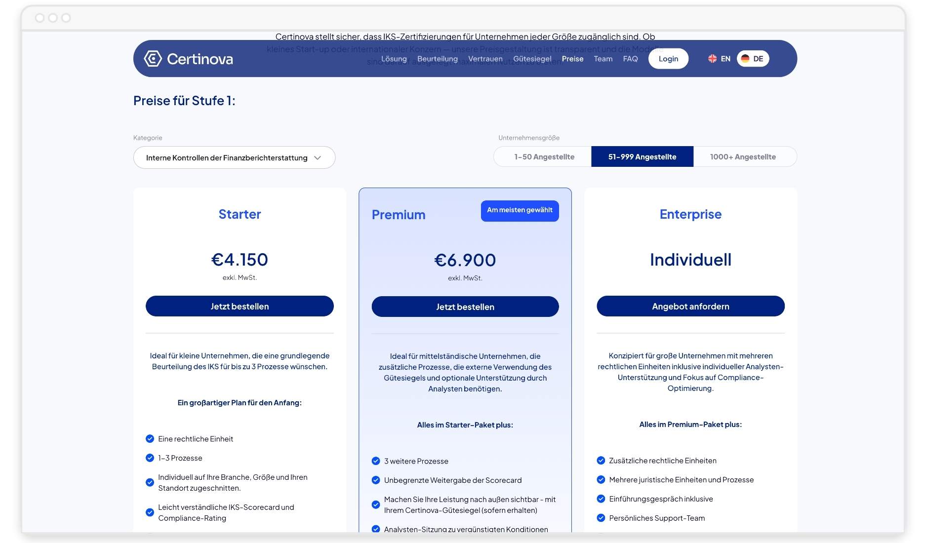 Preisübersicht für interne Finanzkontrollen mit Starter-, Premium- und Enterprise-Paketen für 51-999 Angestellte.