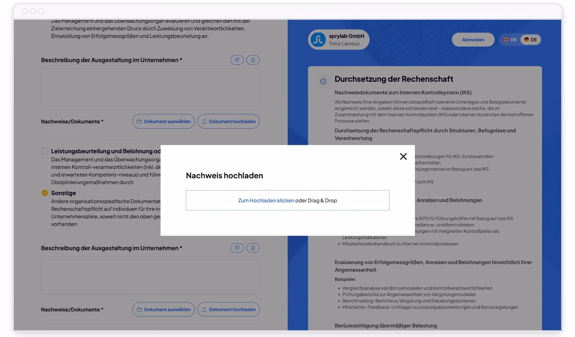 Popup-Fenster zum Hochladen eines Nachweises mit Optionen zum Klicken oder Drag & Drop im Webformular.