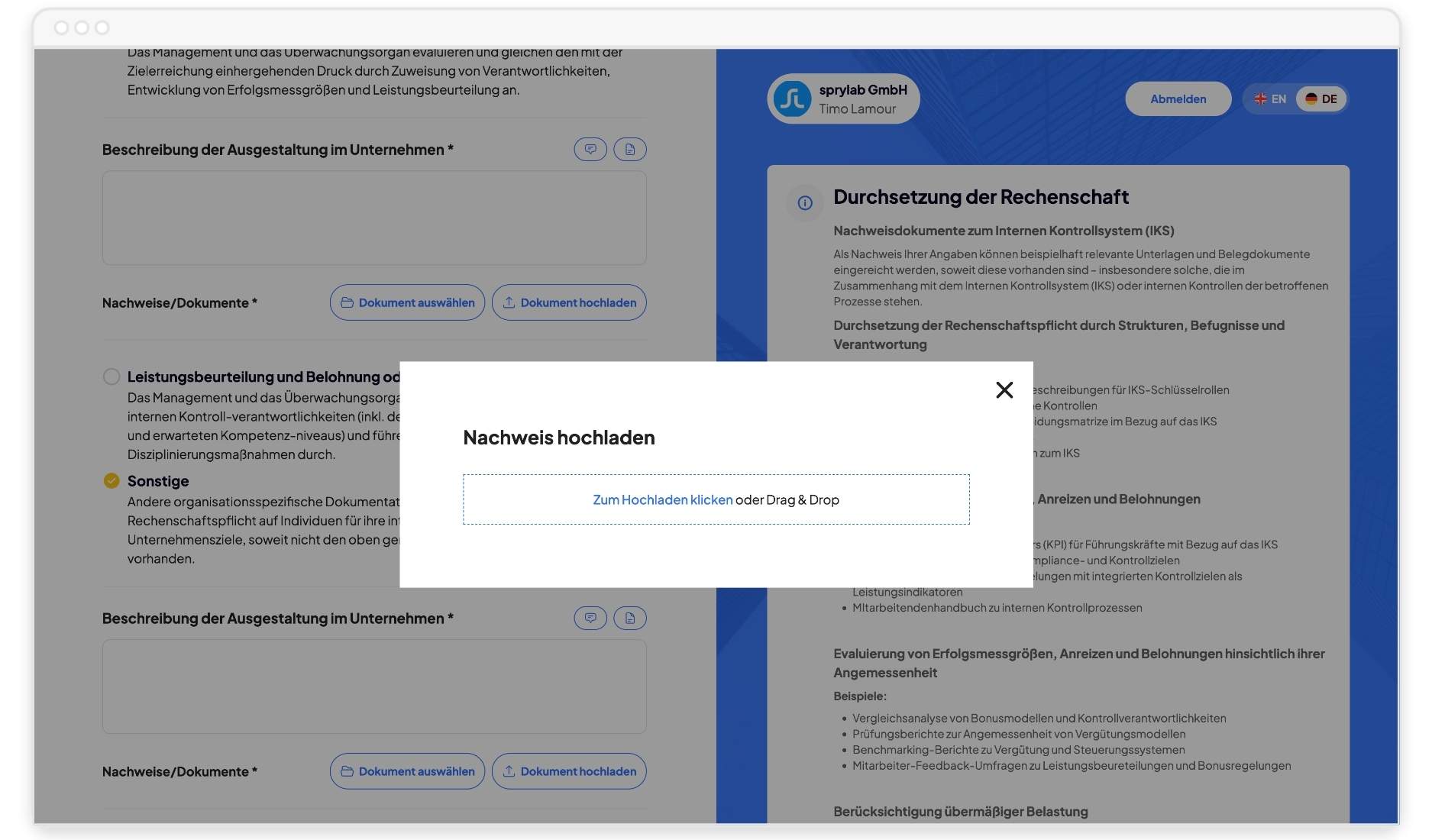 Popup-Fenster zum Hochladen eines Nachweises mit Optionen zum Klicken oder Drag & Drop im Webformular.