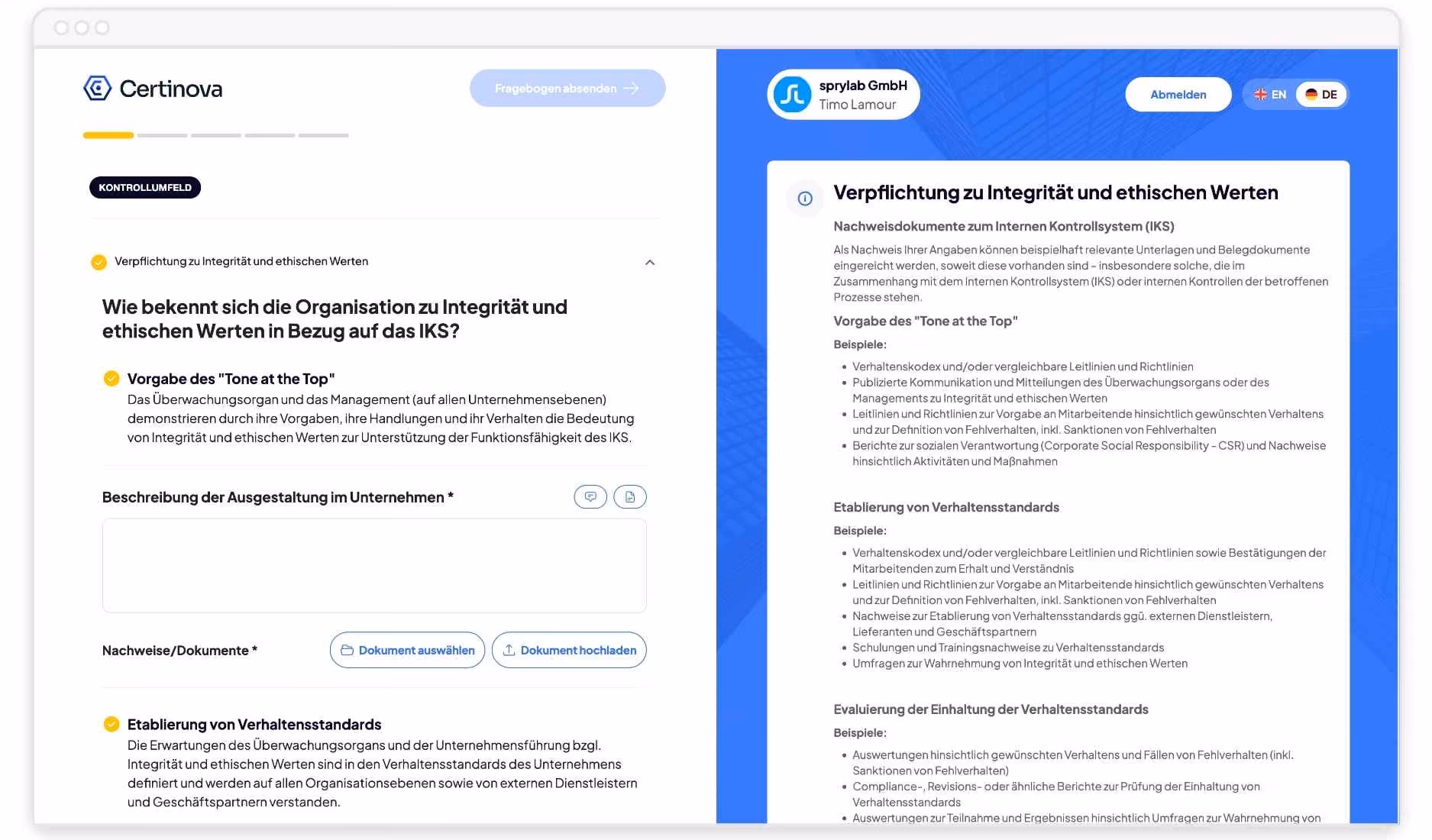 Zwei Spalten einer Webseite mit Formular und Richtlinien zu Integrität und ethischen Werten im internen Kontrollsystem.