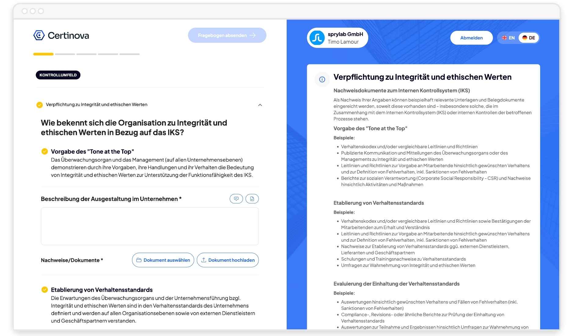 Zwei Spalten einer Webseite mit Formular und Richtlinien zu Integrität und ethischen Werten im internen Kontrollsystem.