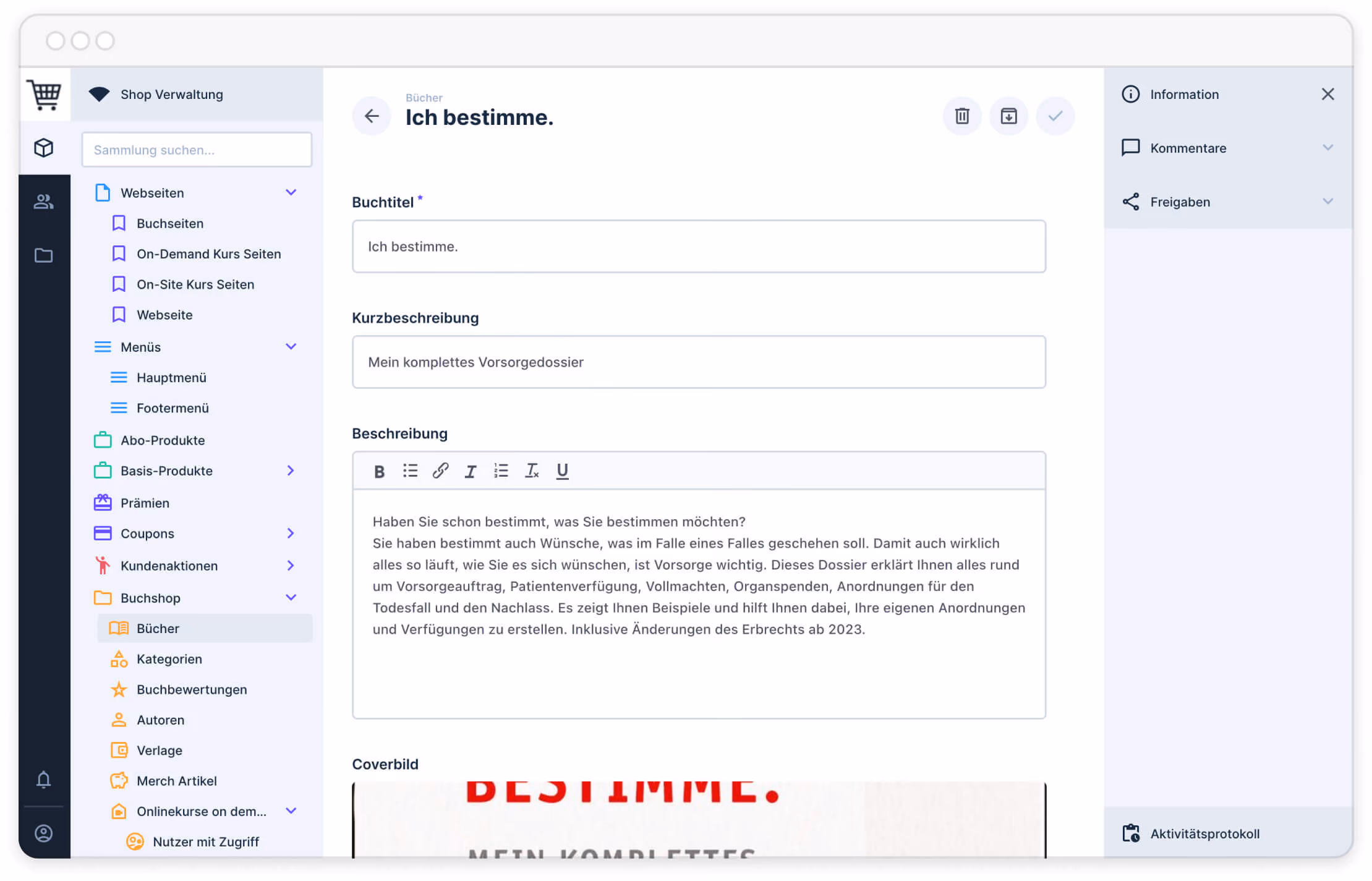 Software-Bildschirm zeigt Buchverwaltungsseite mit Titel, Beschreibung und Menüelementen in deutscher Sprache.