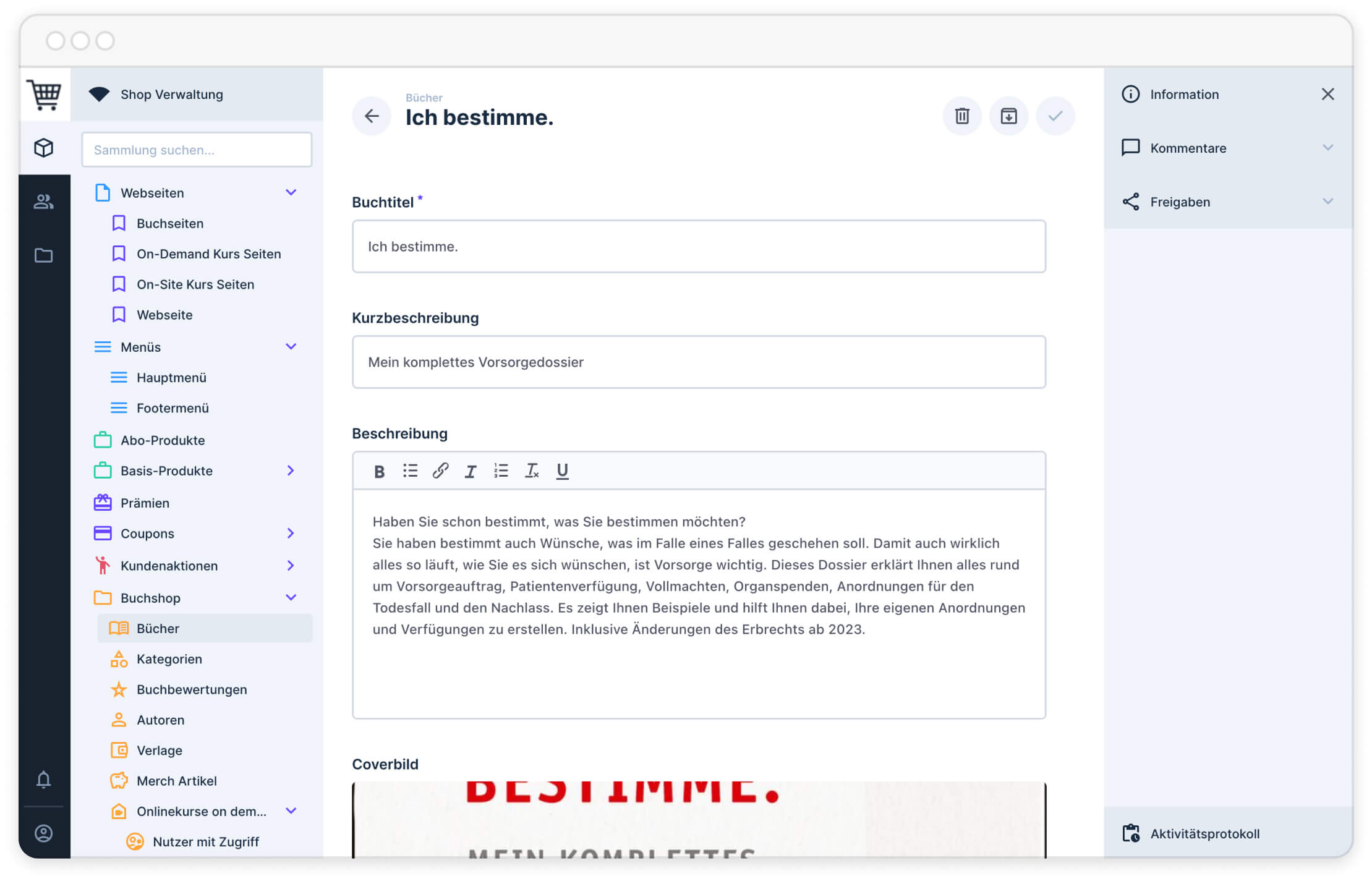 Software-Bildschirm zeigt Buchverwaltungsseite mit Titel, Beschreibung und Menüelementen in deutscher Sprache.