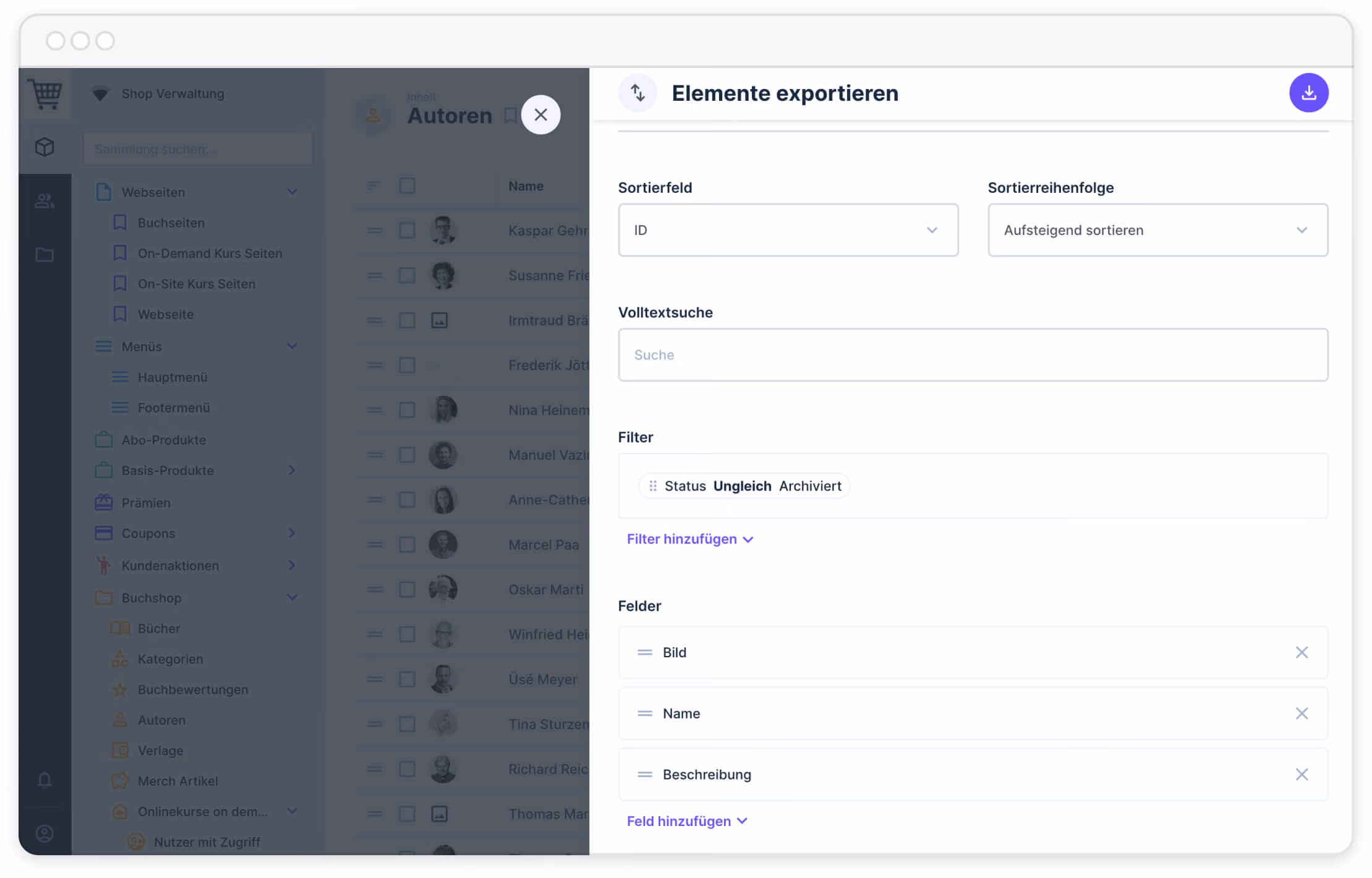 Software-Oberfläche zum Exportieren von Elementen mit Sortier-, Filter- und Suchoptionen in Deutsch.