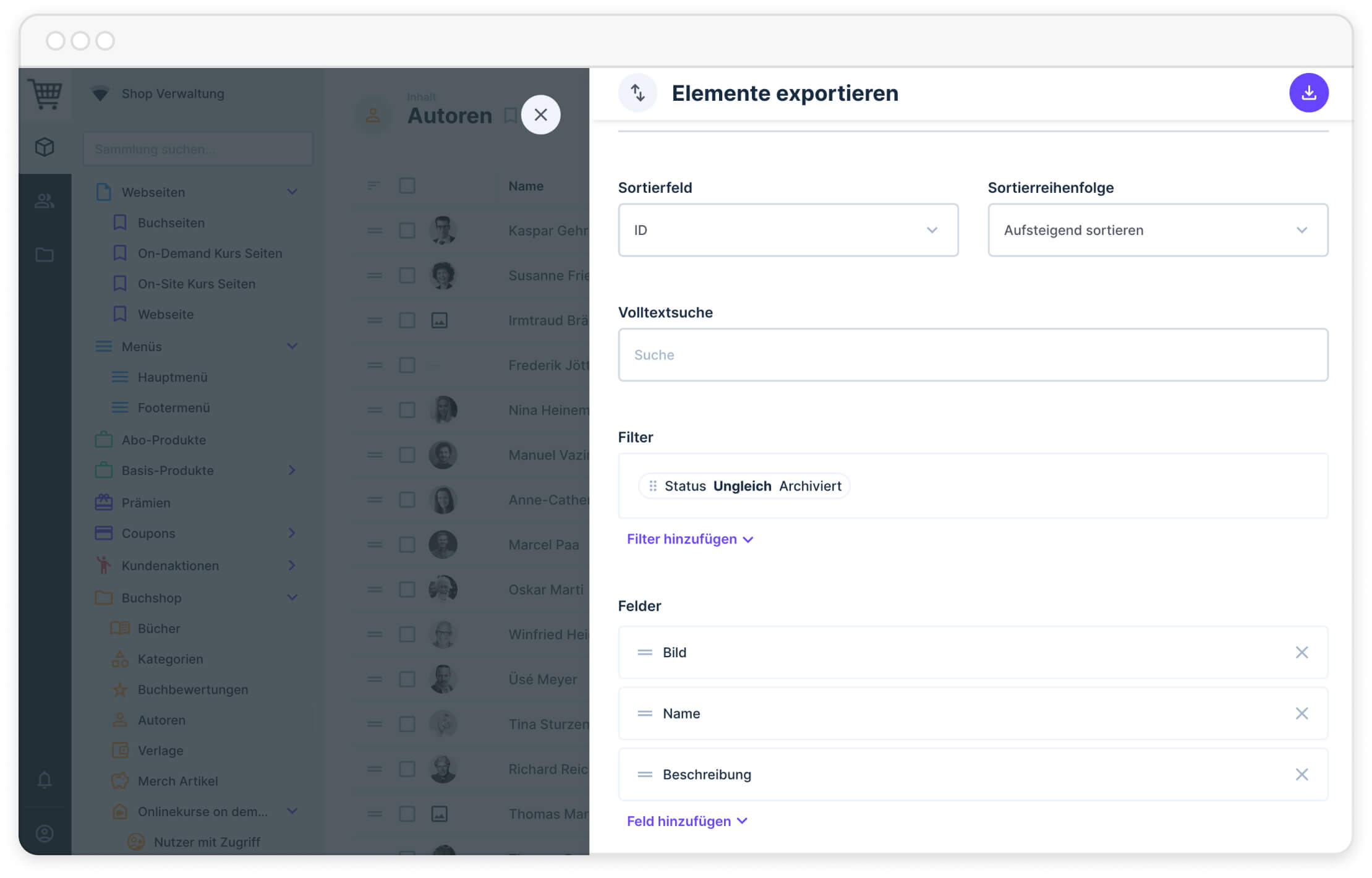 Software-Oberfläche zum Exportieren von Elementen mit Sortier-, Filter- und Suchoptionen in Deutsch.