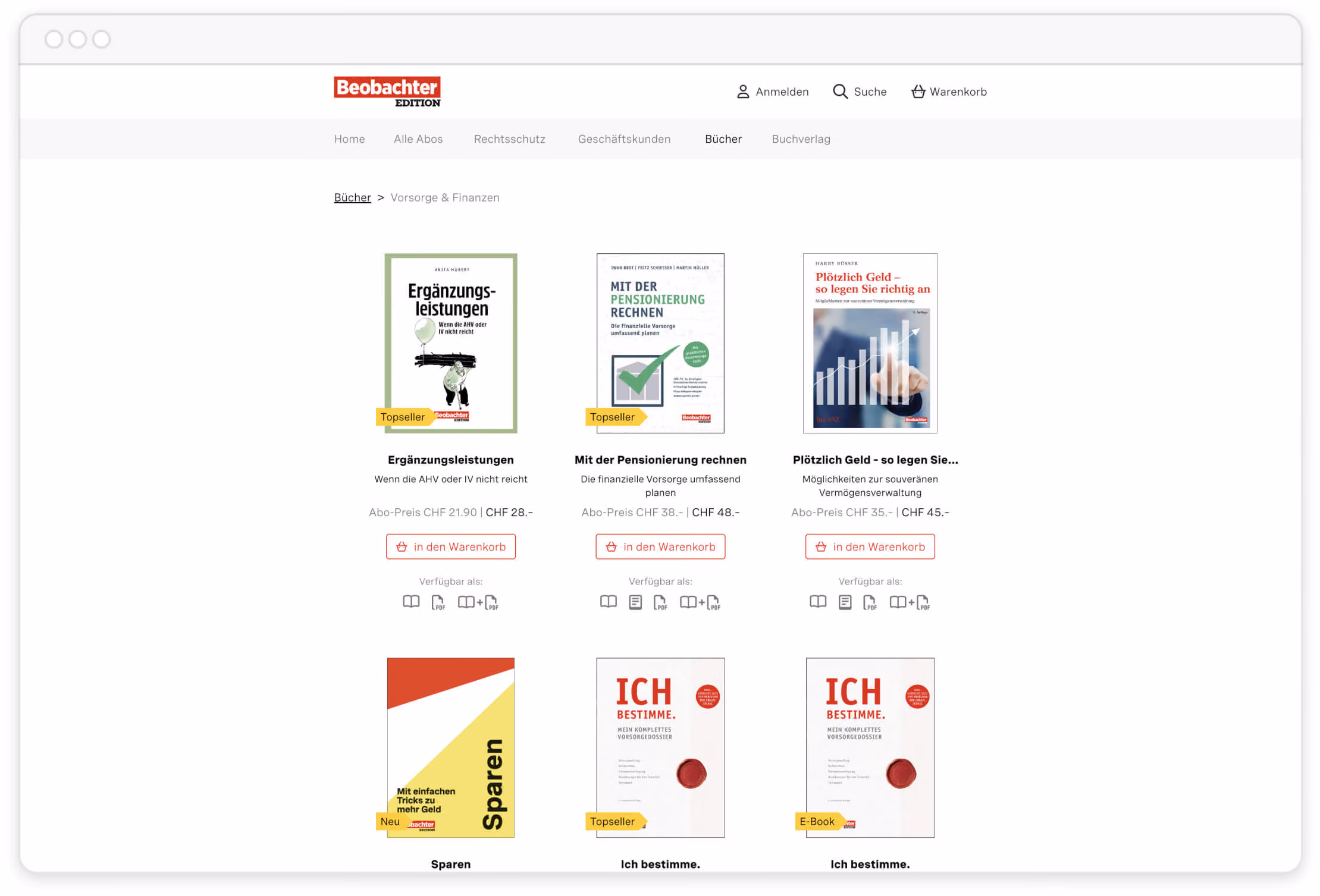 Webseite zeigt sechs Bücher zu Finanzen und Vorsorge mit Preisen und Einkaufswagen-Button.