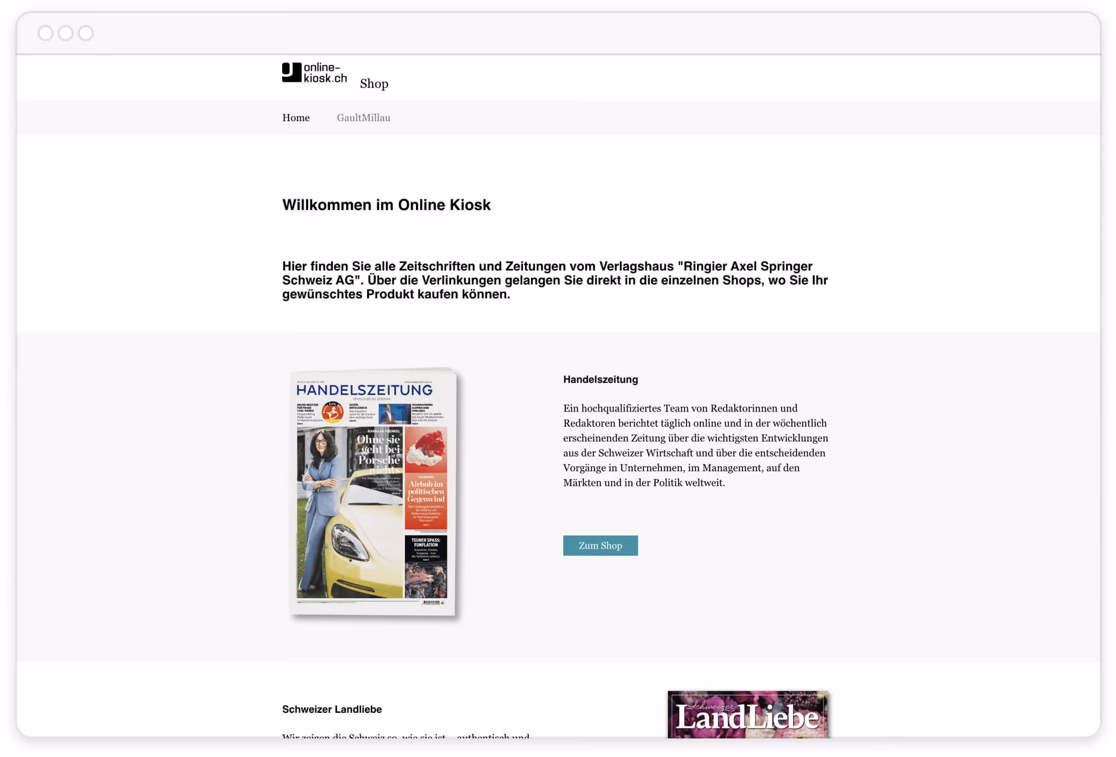 Online Kiosk Webseite mit Handelszeitung, Beschreibung und Button zum Shop.