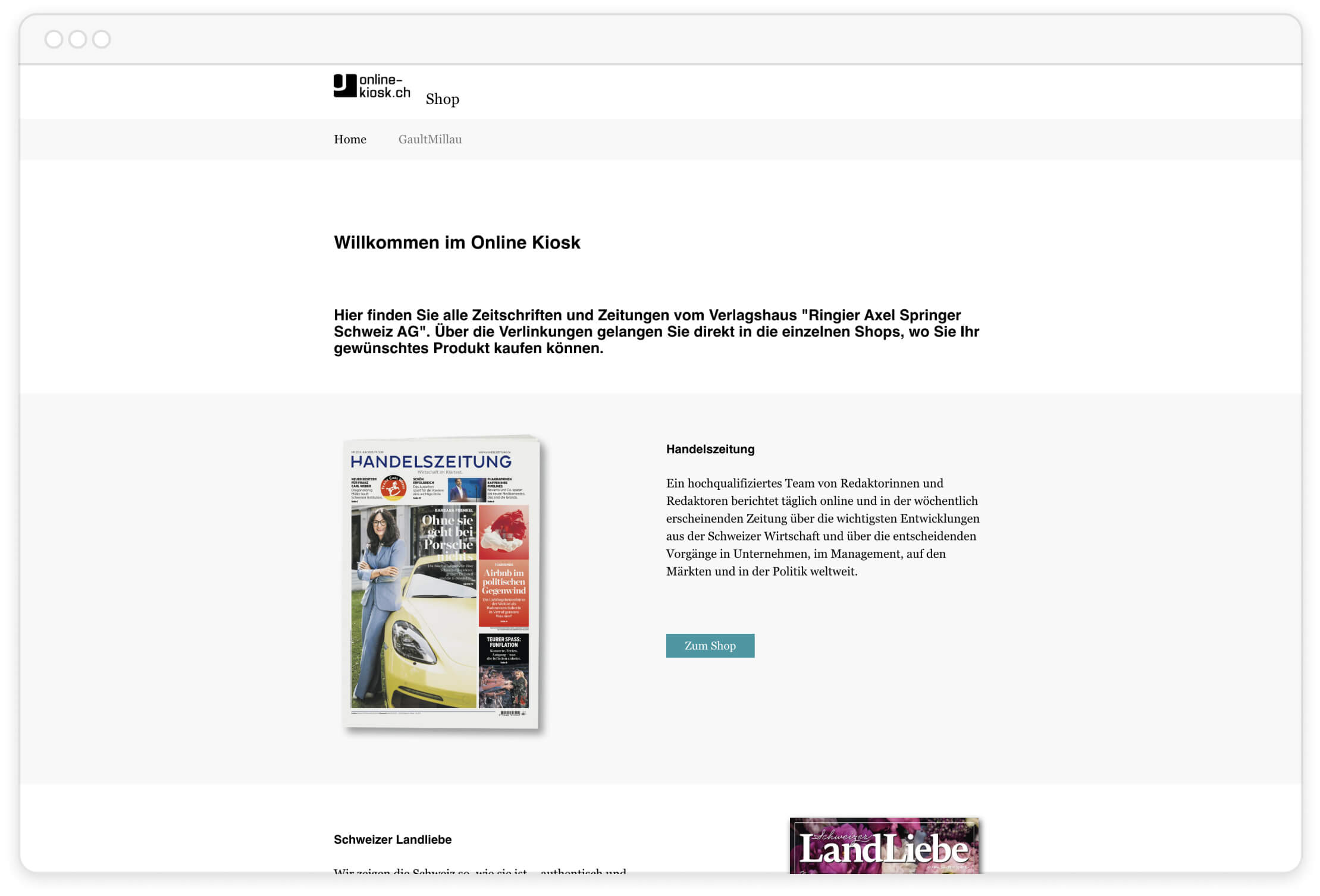 Online Kiosk Webseite mit Handelszeitung, Beschreibung und Button zum Shop.