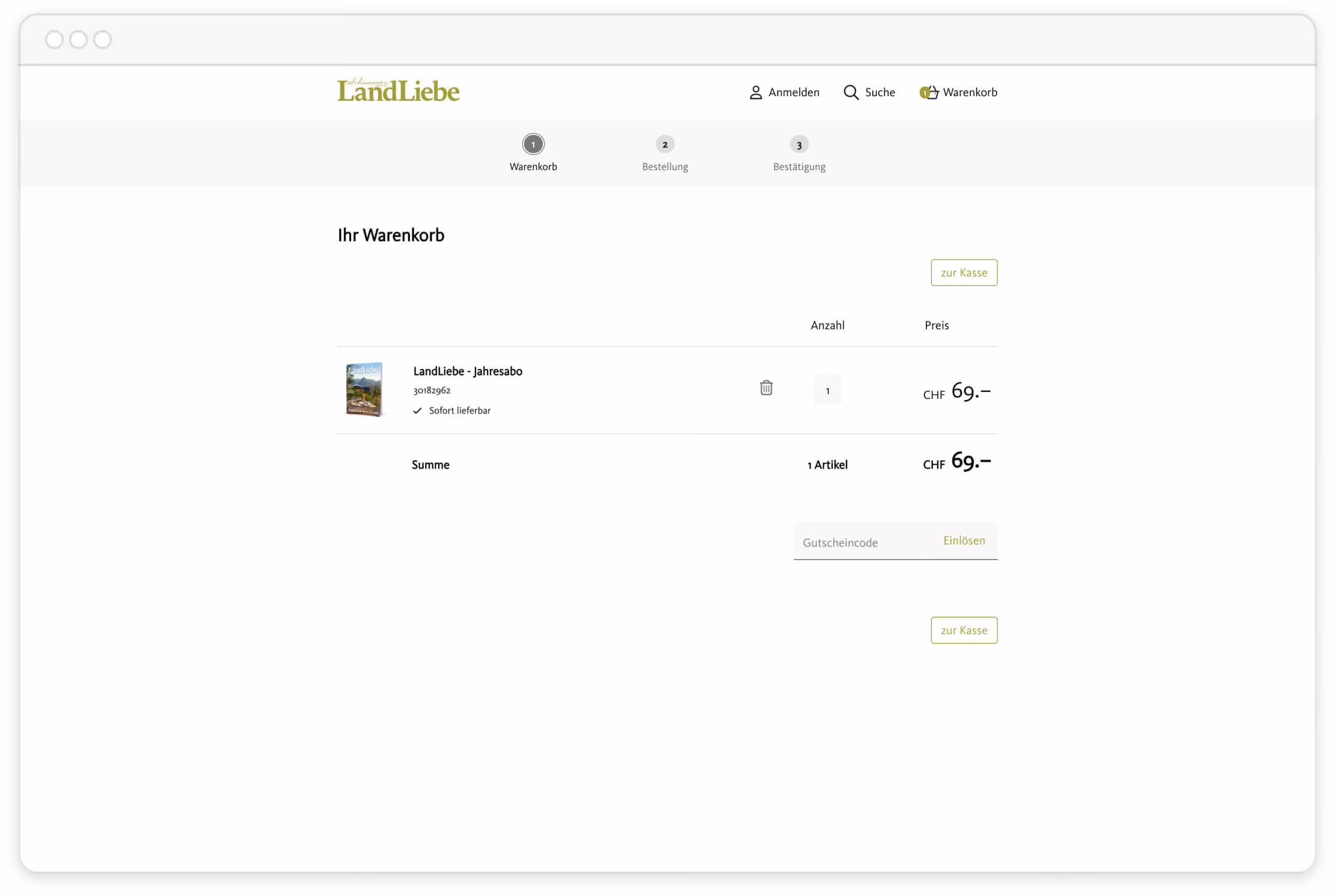 Einkaufswagenseite mit LandLiebe Jahresabo, Menge 1, Preis 69 CHF, Gutschein-Eingabefeld und zur Kasse Button.