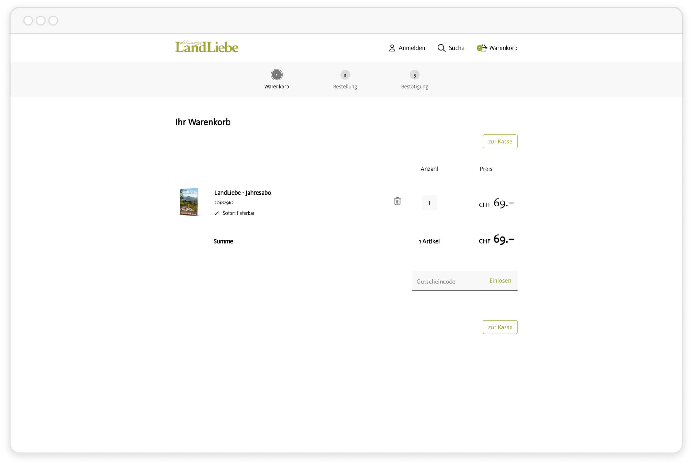 Einkaufswagenseite mit LandLiebe Jahresabo, Menge 1, Preis 69 CHF, Gutschein-Eingabefeld und zur Kasse Button.
