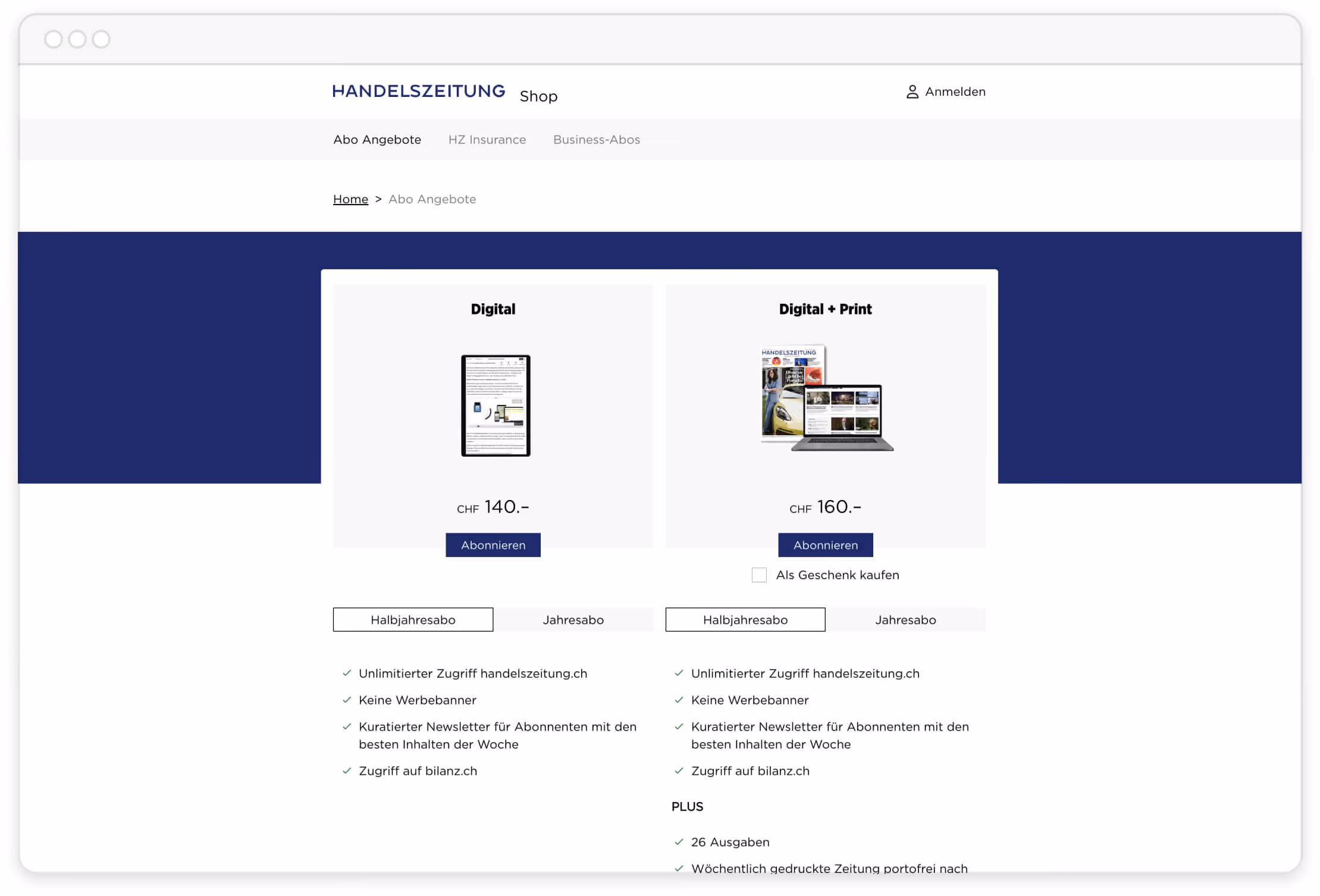 Seite mit zwei Abonnementangeboten der Handelszeitung: Digital für 140 CHF und Digital + Print für 160 CHF.