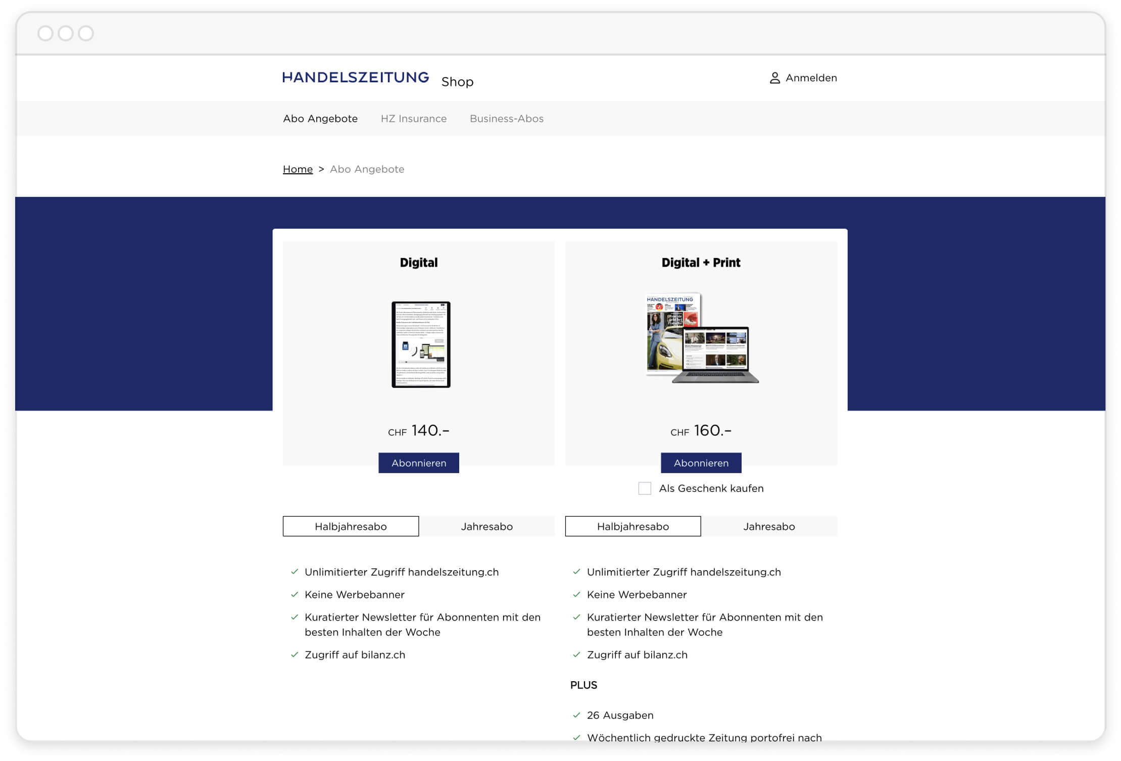 Seite mit zwei Abonnementangeboten der Handelszeitung: Digital für 140 CHF und Digital + Print für 160 CHF.