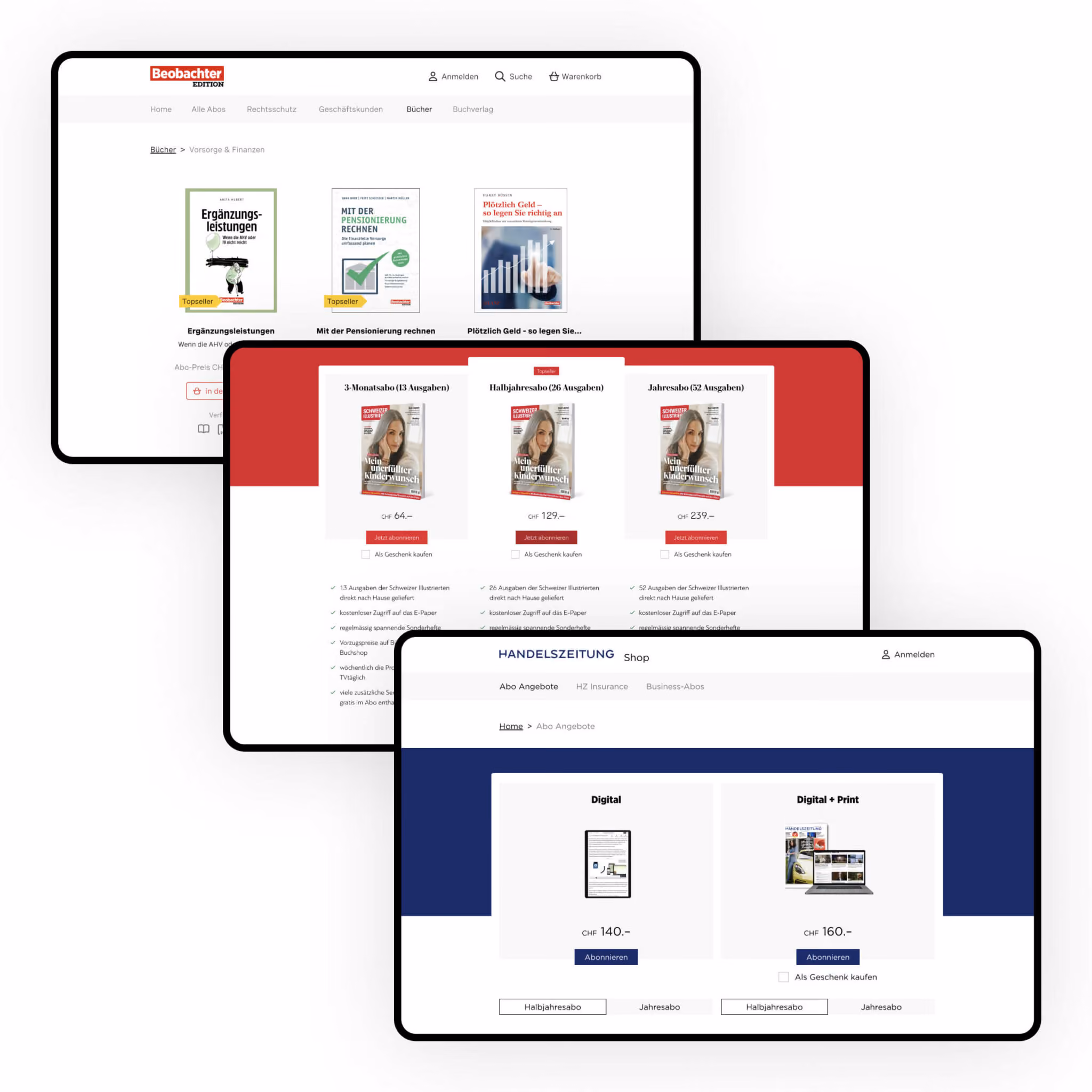 Drei Tablet-Screens zeigen Abo-Optionen für Schweizer Magazine mit Preisen und Kaufoptionen.