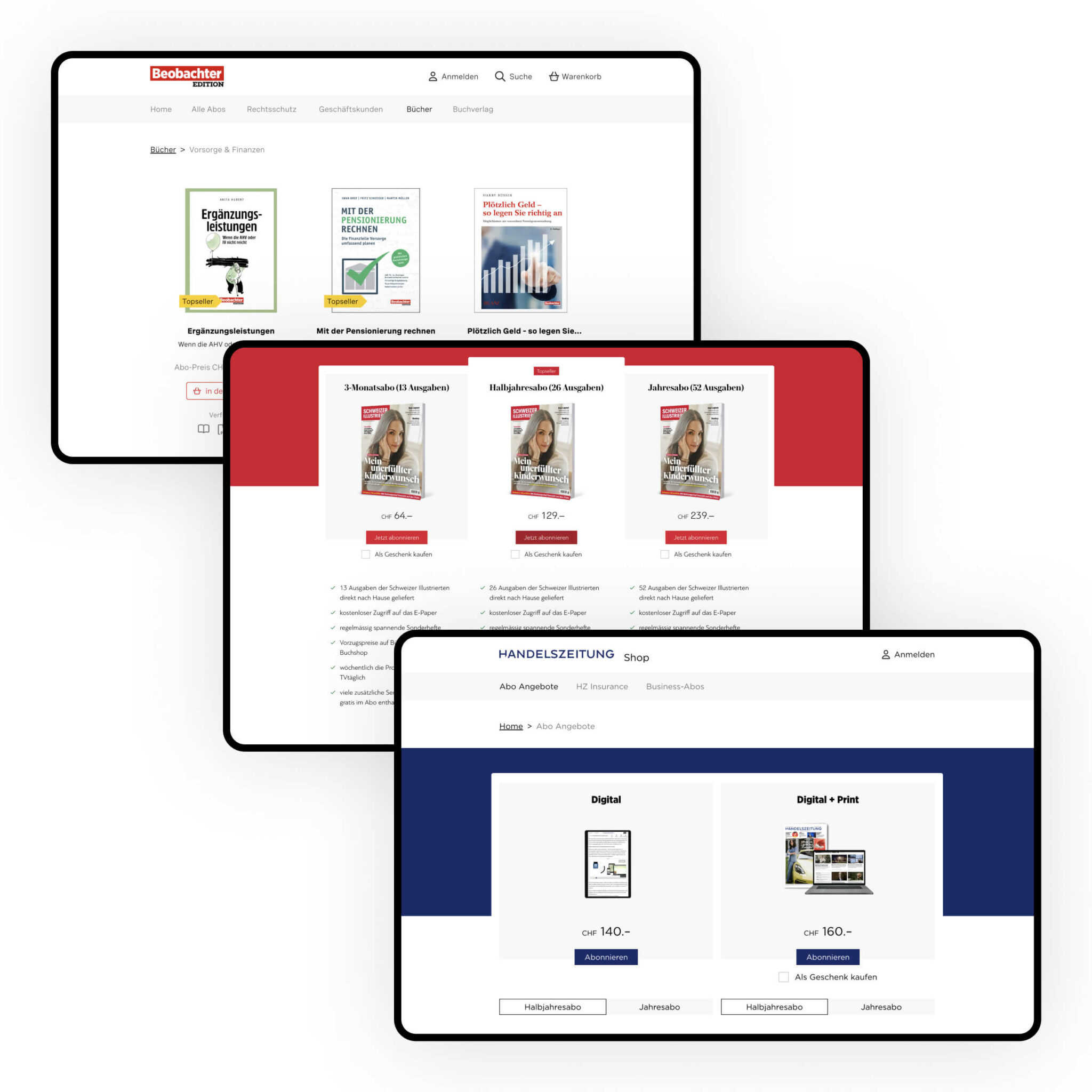 Drei Tablet-Screens zeigen Abo-Optionen für Schweizer Magazine mit Preisen und Kaufoptionen.