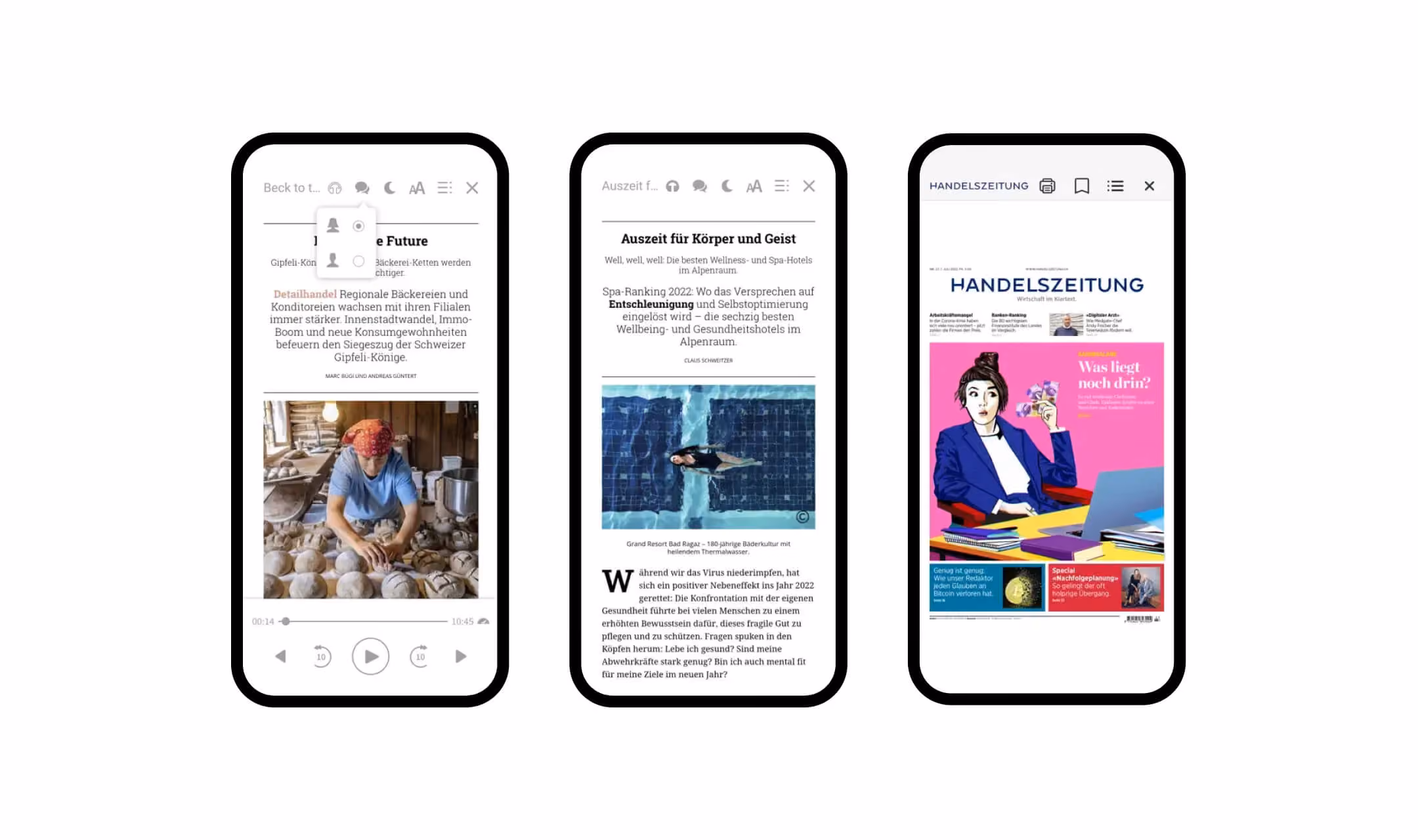 Drei Smartphones mit deutschen Textartikeln: Bäckerei, Wellnesshotel und Handelszeitung-Titelseite.