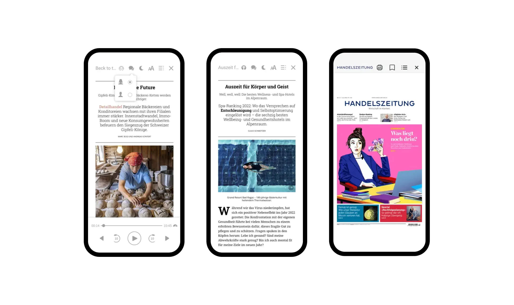 Drei Smartphones mit deutschen Textartikeln: Bäckerei, Wellnesshotel und Handelszeitung-Titelseite.