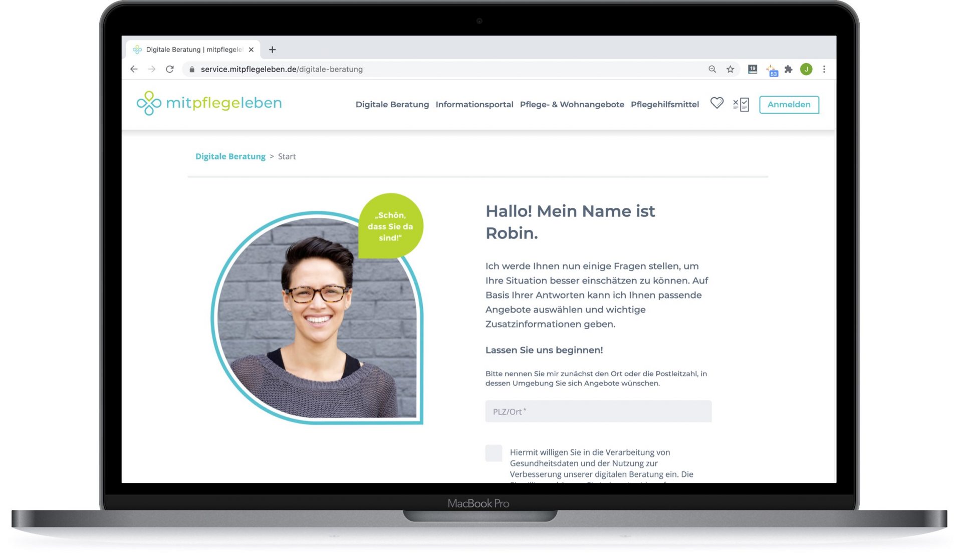 Laptop screen showing a digital consultation page with a smiling person named Robin introducing a questionnaire.