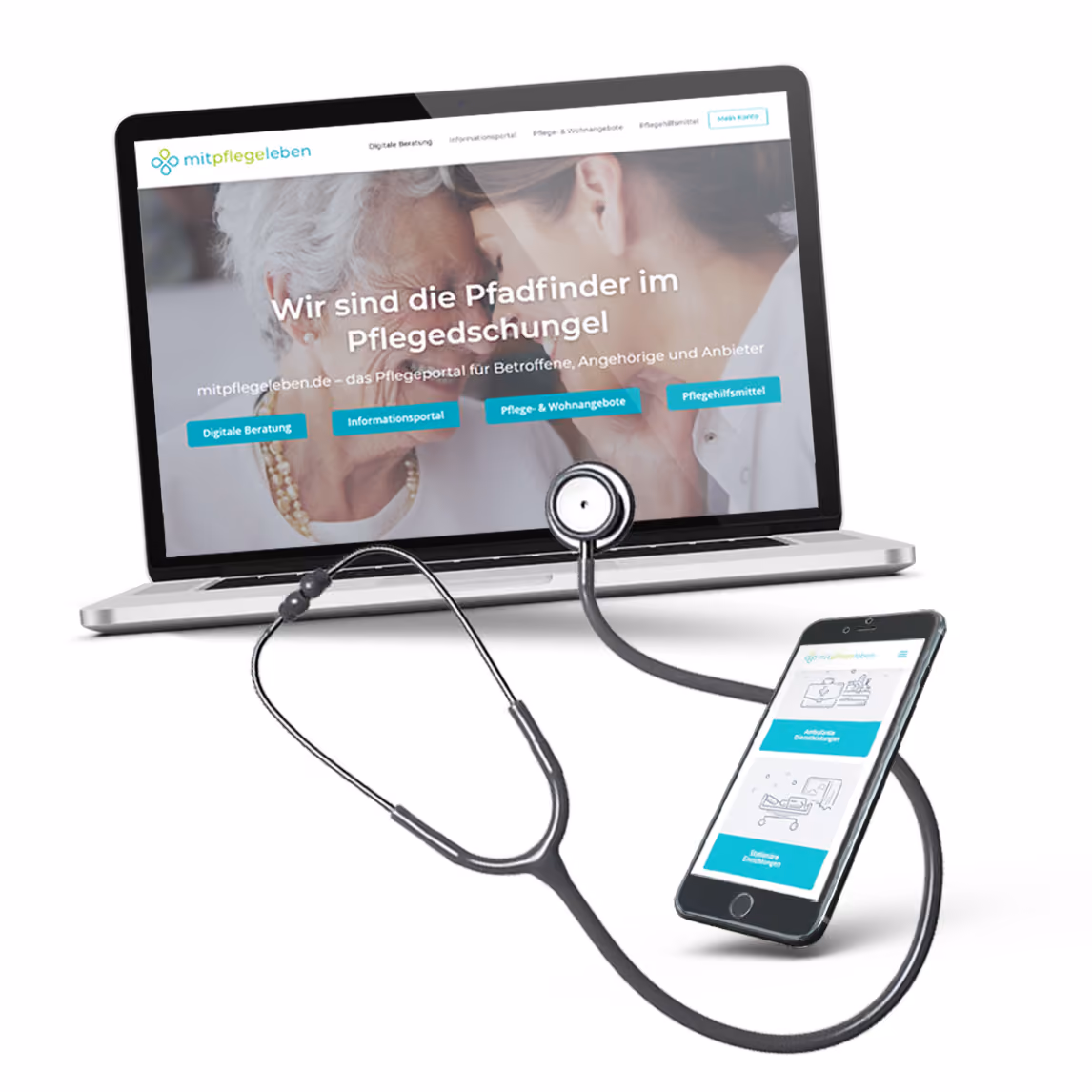 Laptop und Smartphone zeigen mitpflegeleben.de Pflegeportal, verbunden mit einem Stethoskop.