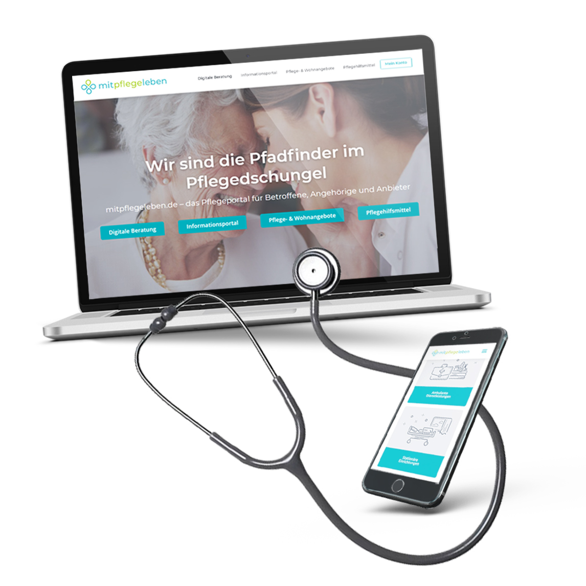 Laptop und Smartphone zeigen mitpflegeleben.de Pflegeportal, verbunden mit einem Stethoskop.