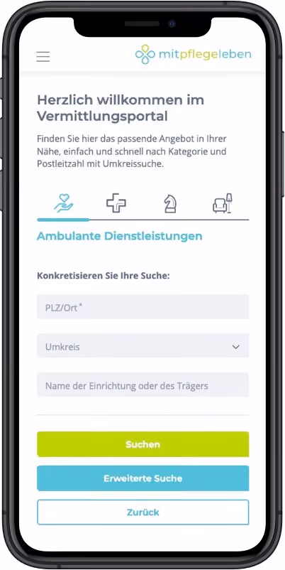 Mobilansicht eines Vermittlungsportals für ambulante Pflegedienstleistungen mit Suchfeldern für PLZ, Umkreis und Name.