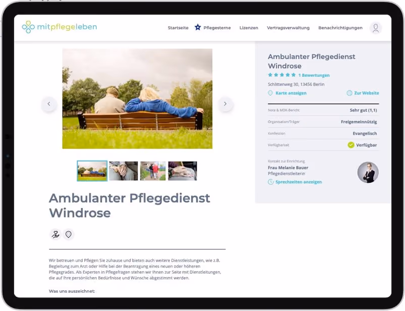 Website showing ambulanten Pflegedienst Windrose details with images and contact info on a tablet screen.
