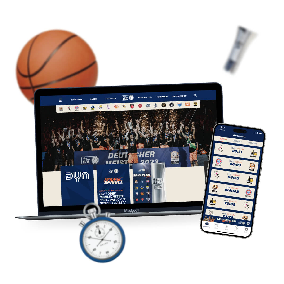 Laptop zeigt Basketball-Meisterfeier 2023, daneben Handy mit Spielergebnissen und Basketball, Stoppuhr, Tube.