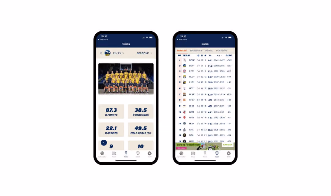 Zwei Smartphone-Bildschirme zeigen Basketballteamfoto, Spielerstatistiken und Ligatabelle.