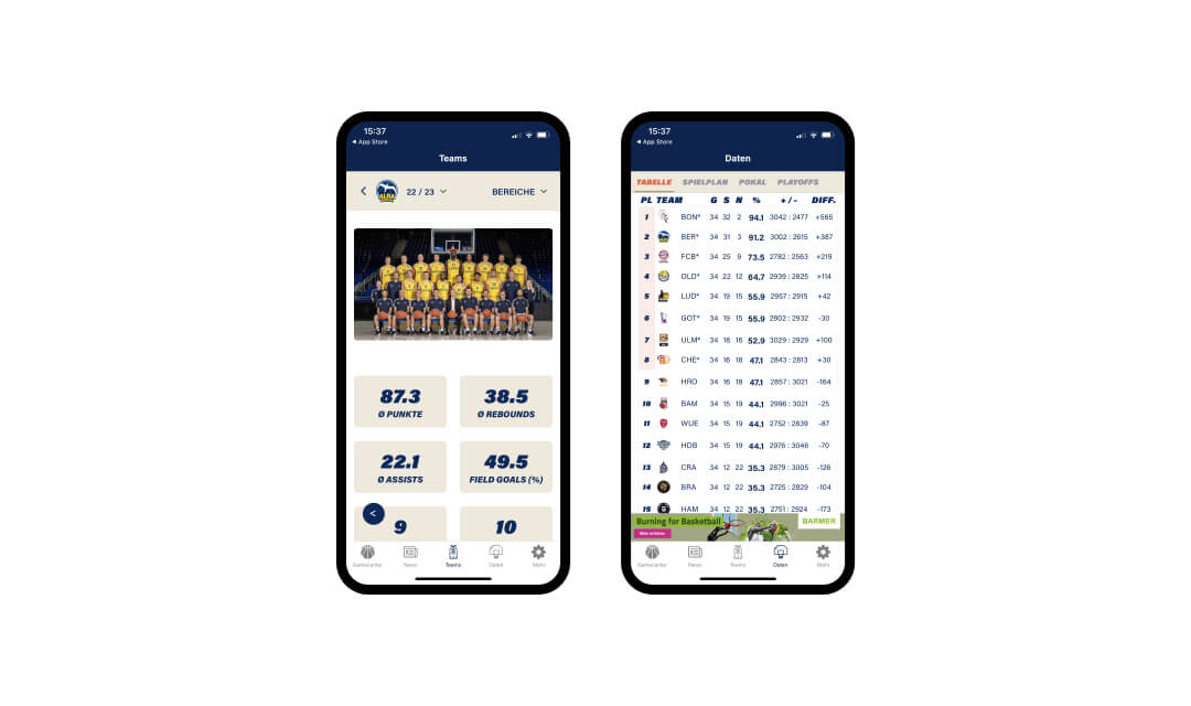 Zwei Smartphone-Bildschirme zeigen Basketballteamfoto, Spielerstatistiken und Ligatabelle.