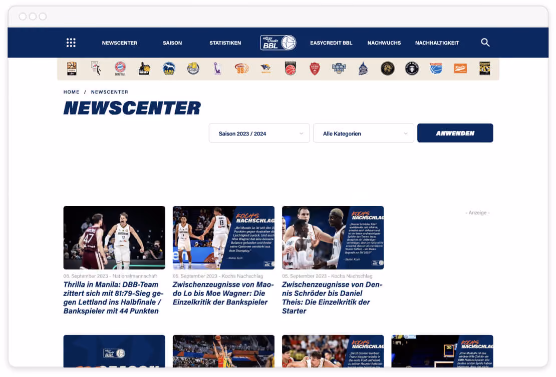 Newscenter-Webseite mit Artikeln zu Basketballspielen und Spieleranalysen der Saison 2023/2024.