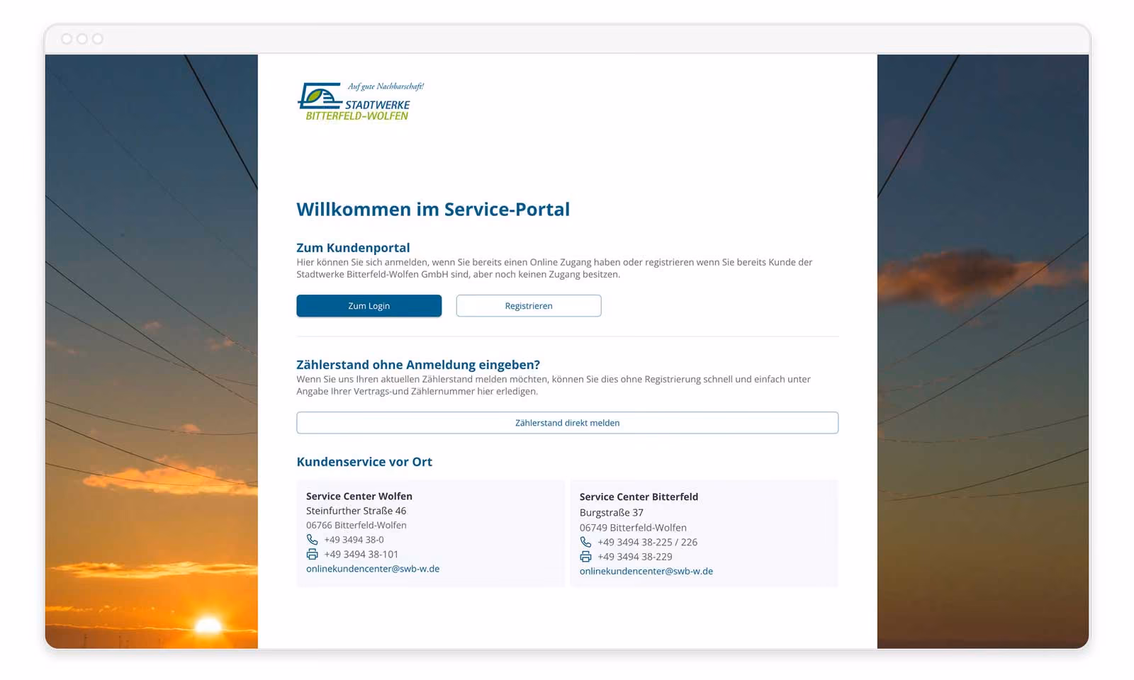 Loginseite des Service-Portals der Stadtwerke Bitterfeld-Wolfen mit Kontaktinfos der Service Center.