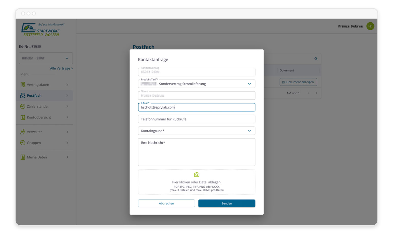 Kontaktformular mit Feldern für Vertrag, Produkt, Name, E-Mail, Telefonnummer, Grund und Nachricht.
