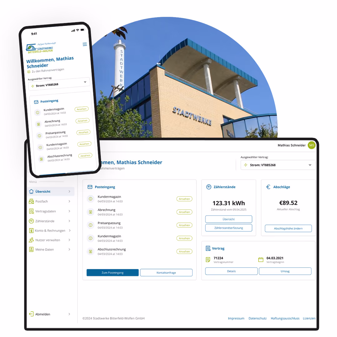 Smartphone und Tablet zeigen das Kundenportal von Stadtwerke Bitterfeld-Wolfen mit Vertragsübersicht und Zählerständen.