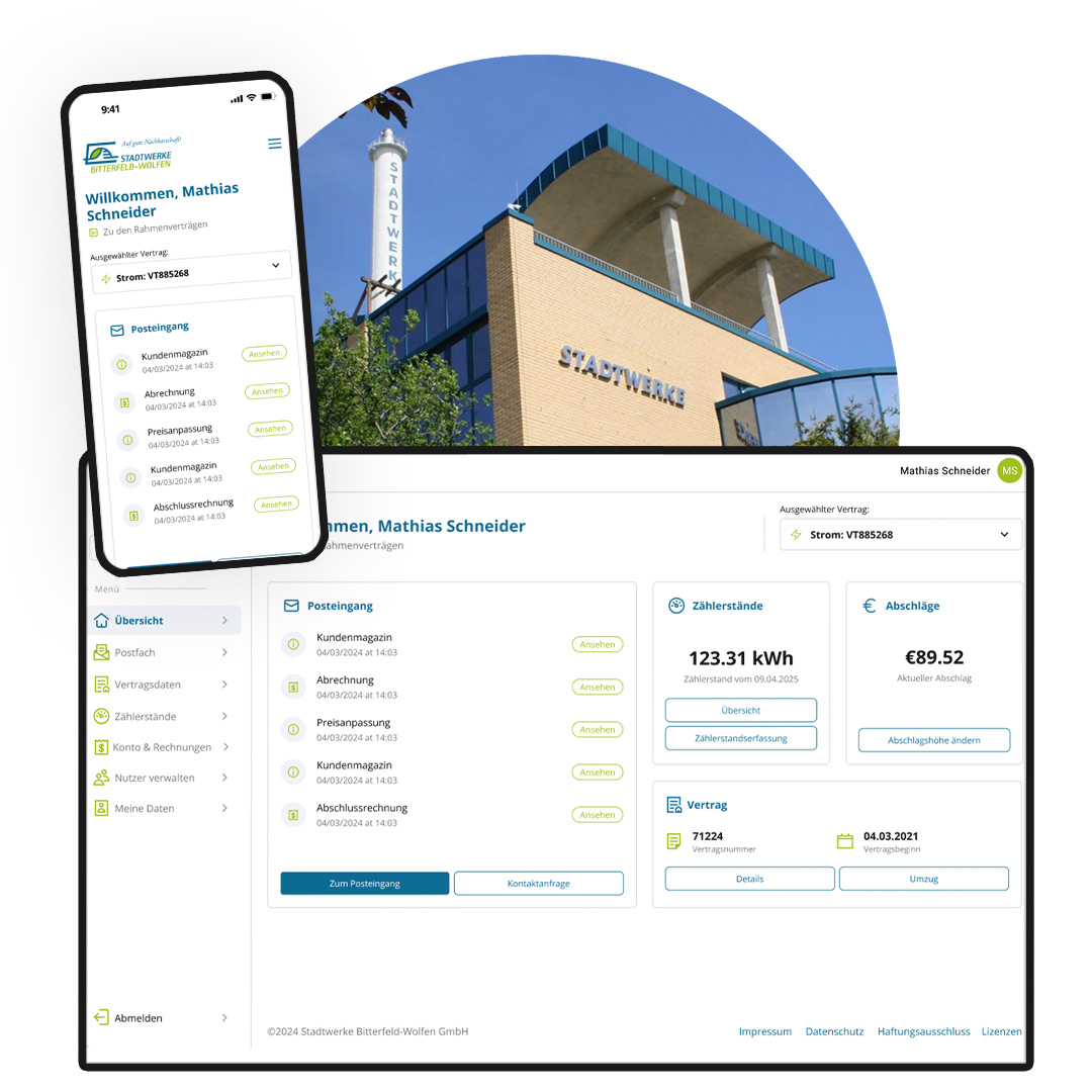 Smartphone und Tablet zeigen das Kundenportal von Stadtwerke Bitterfeld-Wolfen mit Vertragsübersicht und Zählerständen.