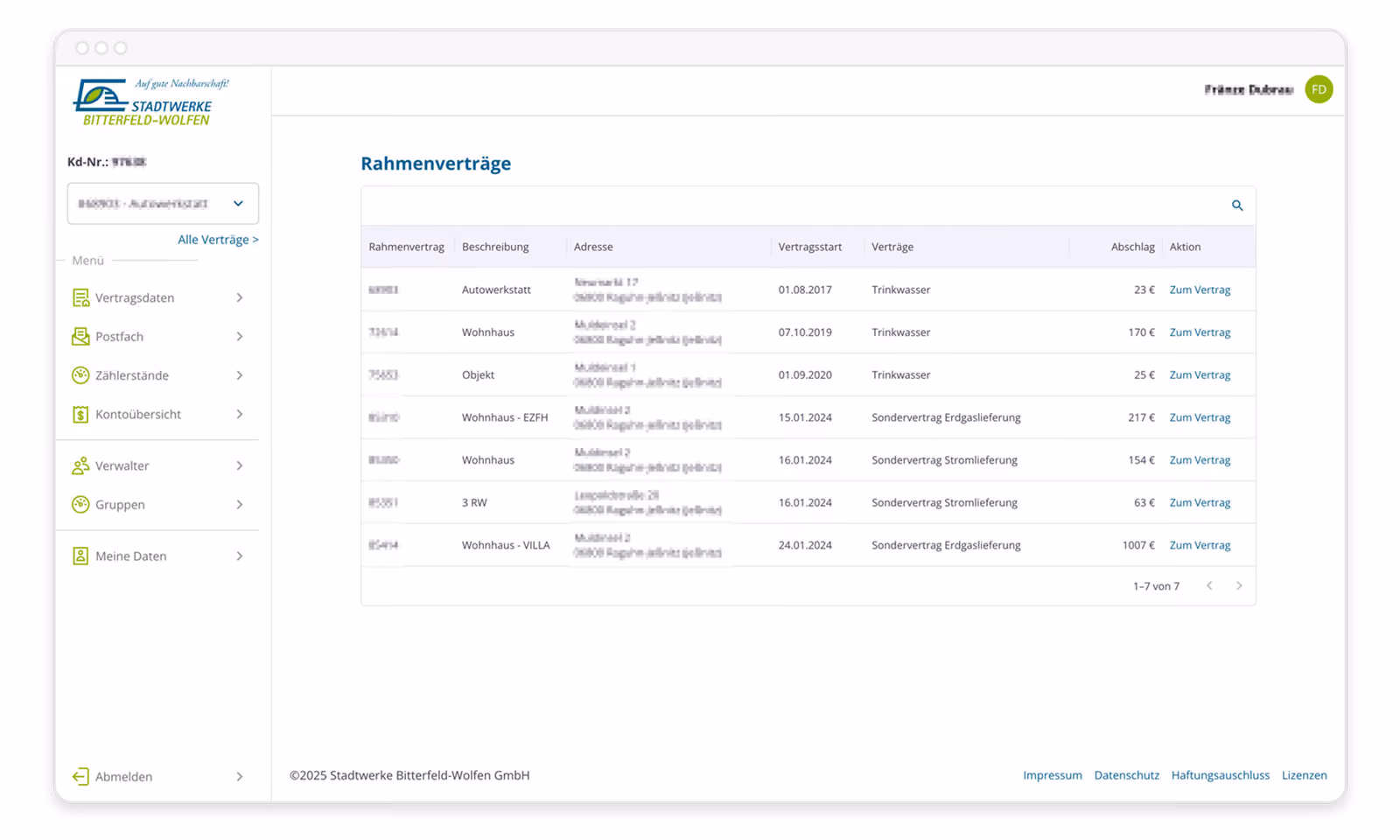 Webseite zeigt Rahmendaten zu Verträgen mit Stadtwerke Bitterfeld-Wolfen, inklusive Vertragstyp und Abschlag.
