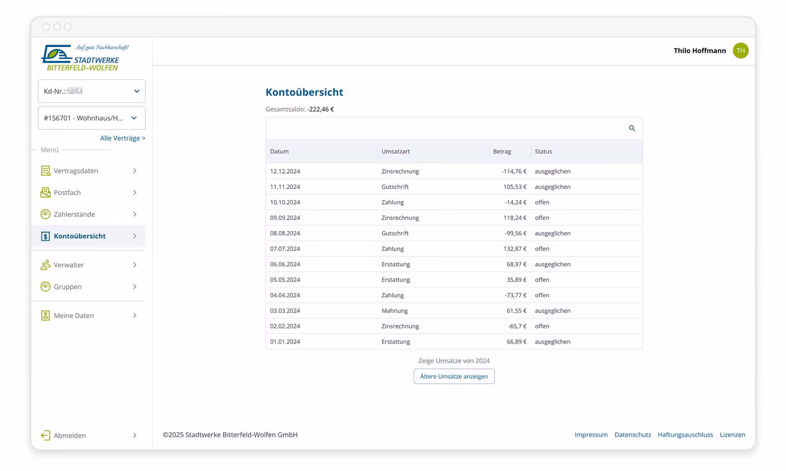 Kontoübersicht mit Datum, Umsatzart, Betrag und Status von Transaktionen, Gesamtminus von 222,46 Euro.