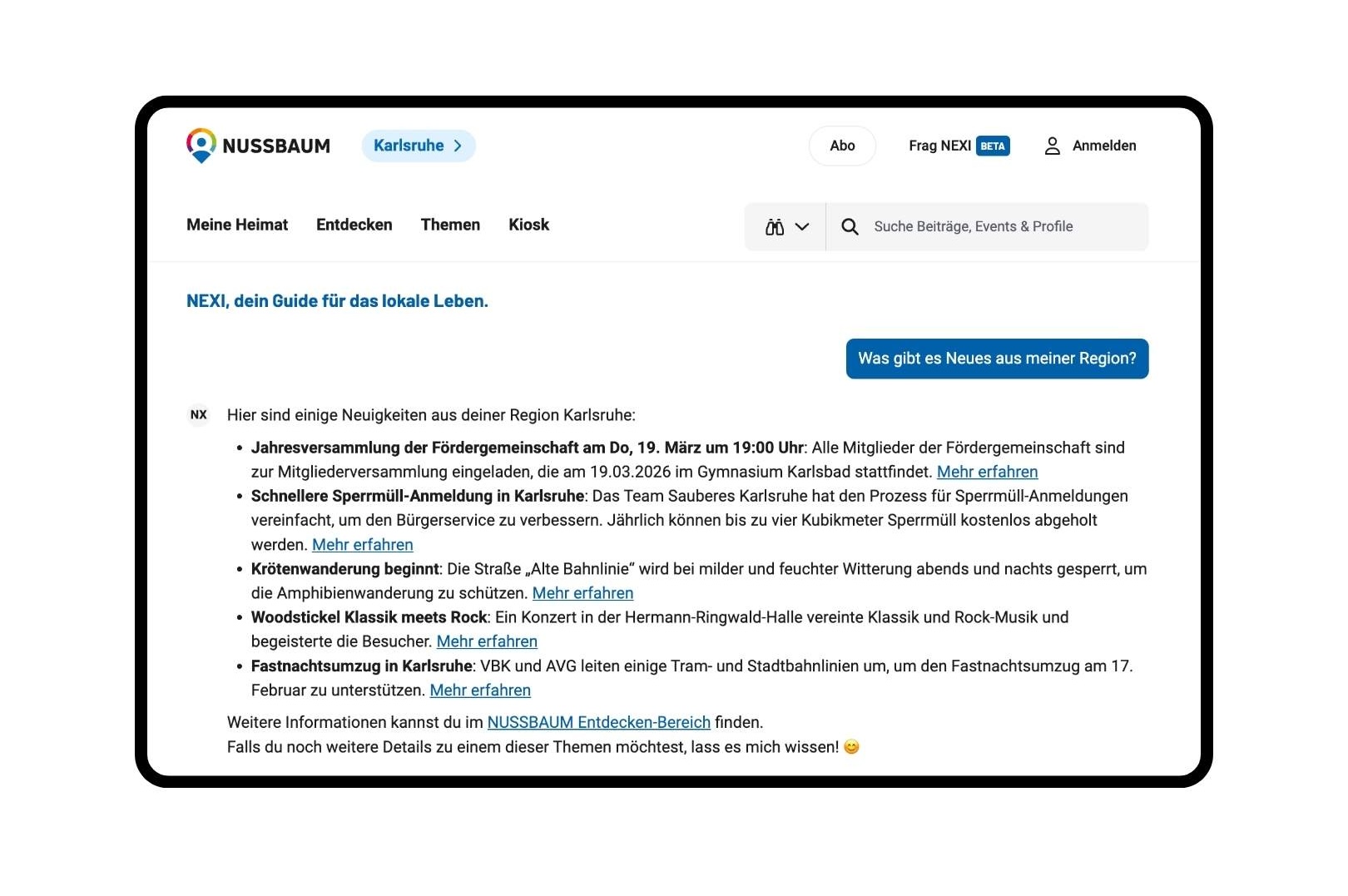 Screenshot der Nussbaum-Website mit lokalen Neuigkeiten und Veranstaltungen für Karlsruhe.